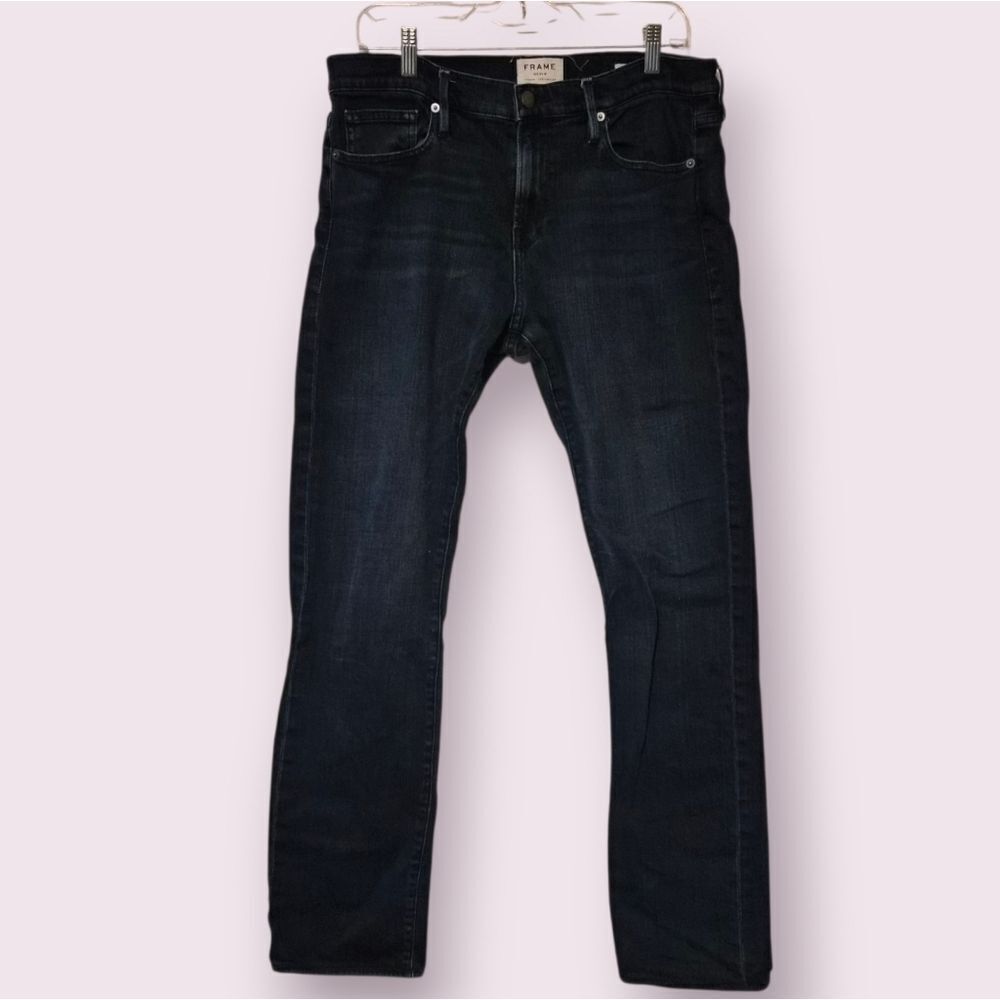 FRAME Denim 34x30 L'Homme Straight Distressed Jeans in Dark Indigo Mens 34 | EUC